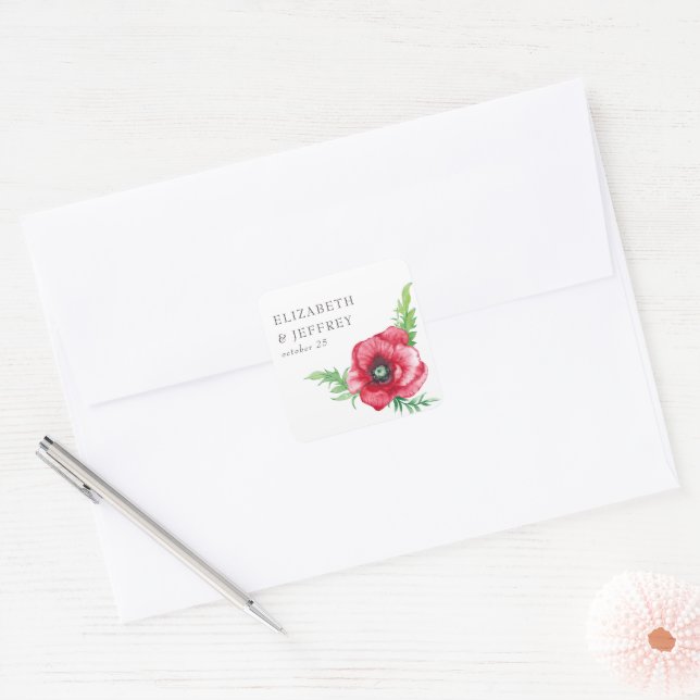 Sticker Carré Rustique Elegant Aquarelle Script Red Poppy Mariag (Enveloppe)