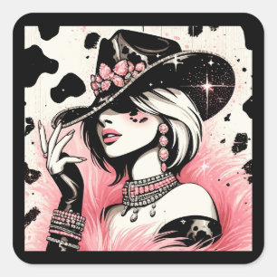 Sticker Carré Rustique Glam Cowgirl rose étincelante Cowhide Ann