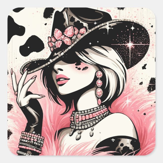 Sticker Carré Rustique Glam Cowgirl rose étincelante Cowhide Imp (Devant)