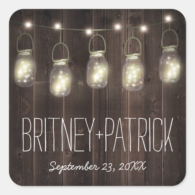Sticker Carré Rustique Grange Bois Mason Jar Mariage Faveurs (Devant)
