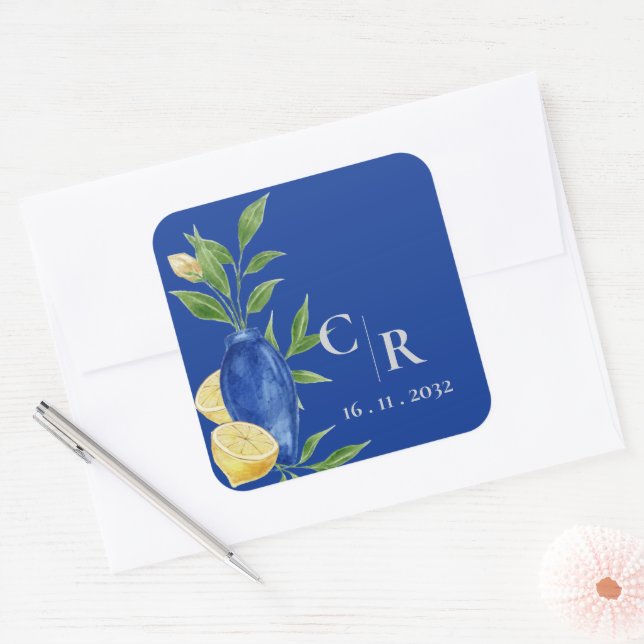 Sticker Carré Rustique Joli Monogramme Bleu jaune citron Mariage (Enveloppe)