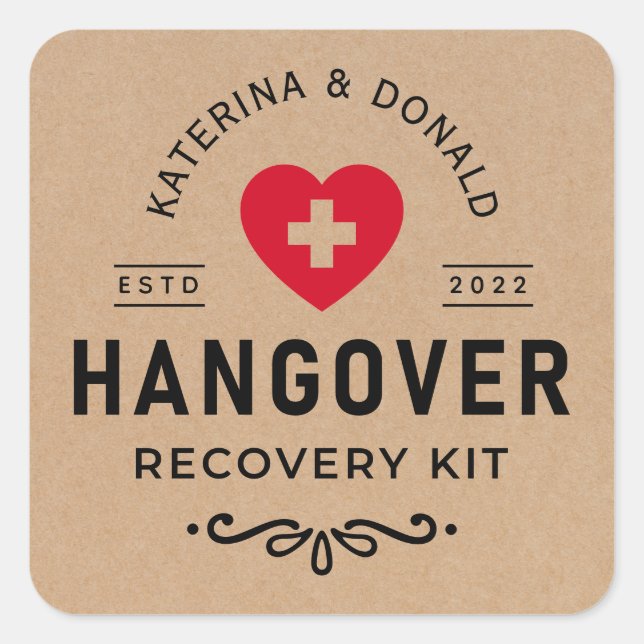Sticker Carré Rustique Kraft Mariage Hangover Kit de récupératio (Devant)