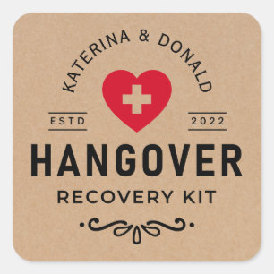 Sticker Carré Rustique Kraft Mariage Hangover Kit de récupératio