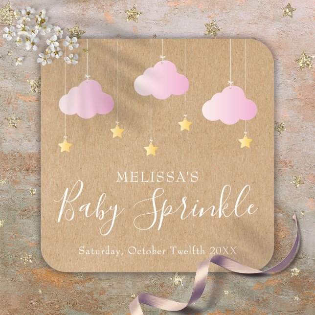 Sticker Carré Rustique Kraft Twinkle Sprinkle Baby shower rose (Rustic Kraft Twinkle Sprinkle Baby Shower Pink Square Sticker)