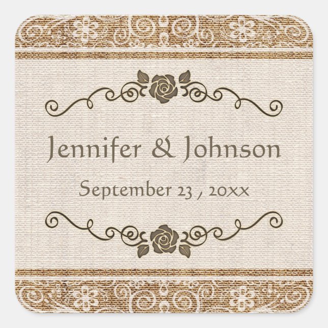 Sticker Carré Rustique Mariage de dentelle Burlap (Devant)