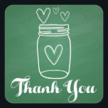 Sticker Carré Rustique Mason Jar Green Merci Chalkboard<br><div class="desc">Dites merci avec ces mignons stickers en bocal de mason rustique. Ce charmant autocollant de style champêtre présente un pot en maçon blanc dessiné à la main avec de mignons coeurs flottants et un remerciement imprimé dans une police en écriture blanche surlignée sur un tableau vert vintage. Les autocollants de...</div>