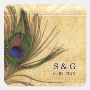 Sticker Carré Rustique Peacock Feather mariage faveurs autocolla