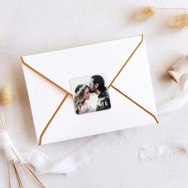 Sticker Carré Rustique Sauver la date Photo mariage Favor (Créateur téléchargé)