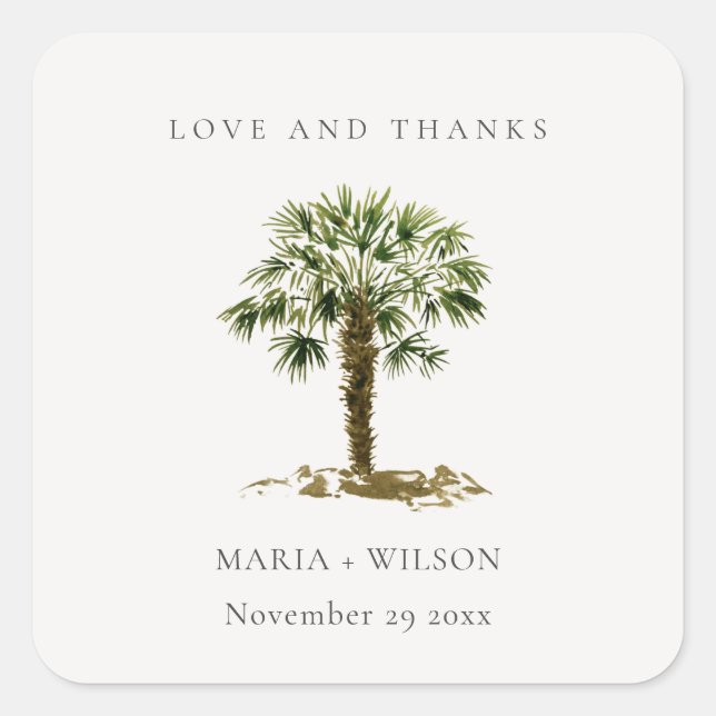 Sticker Carré Rustique Tropical Beach Palm Tree Mariage Merci (Devant)