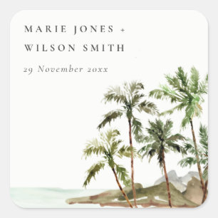 Sticker Carré Rustique Tropical Palm Trees Beach Sand Mariage