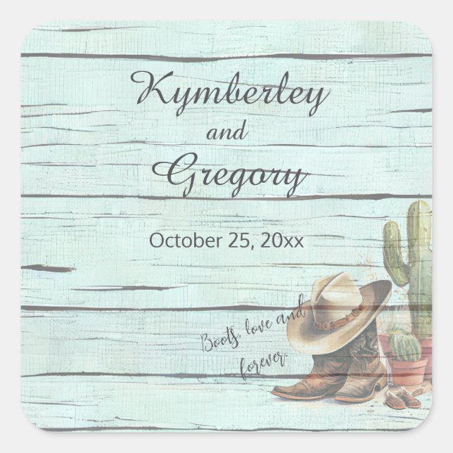 Sticker Carré Rustique Turquoise Pays Western Boots Casquette (Devant)