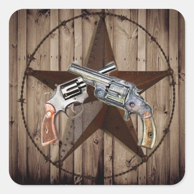 Sticker Carré rustique western country texas star cowboy pistole (Devant)
