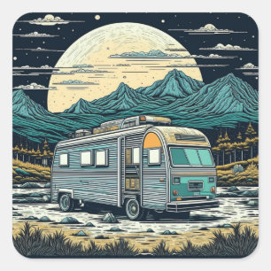 Sticker Carré RV vintage dans les montagnes avec Pleine lune