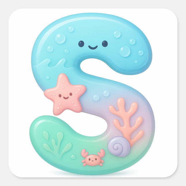 Sticker Carré "S" Cute Letter - Underwater Sea Creature (Devant)