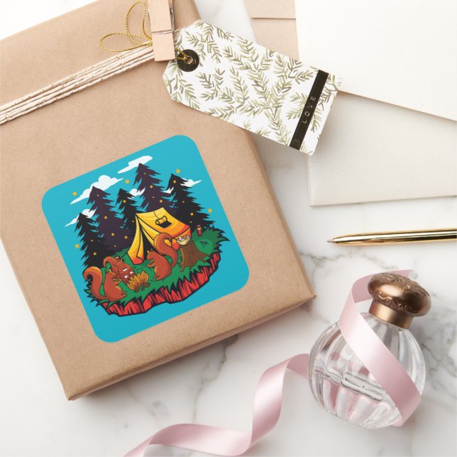 Sticker Carré S’more de plaisir avec cet écureuil de camping (Cadeaux)