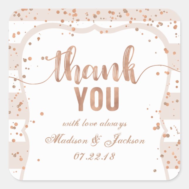 Sticker Carré Sable Stripes & Rose Gold Mariage Love Merci (Devant)