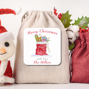 Sticker Carré Sac à cadeaux de Noël du Père Noël aquarelle
