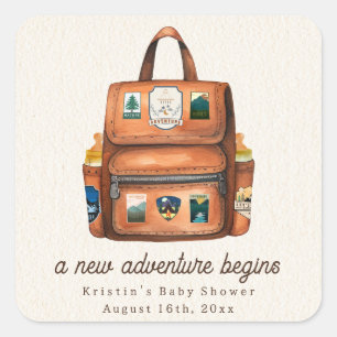 Sticker Carré Sac à dos aventure + Bouteilles Baby shower bois
