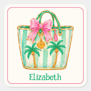 Sticker Carré Sac fourre-tout Préparé Rose et Vert Palm Beach