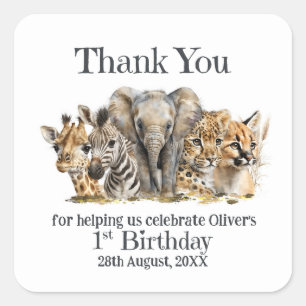 Sticker Carré Safari Animaux 1er anniversaire Merci