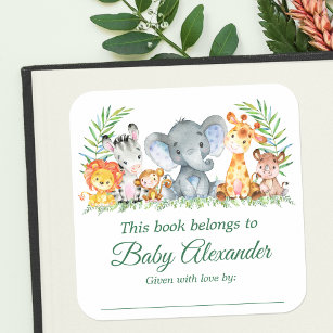 Sticker Carré Safari Animaux Baby shower Green Bookplate Étiquet