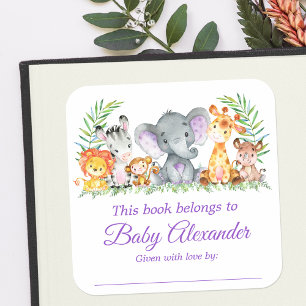 Sticker Carré Safari Animaux Baby shower Purple Bookplate Étique