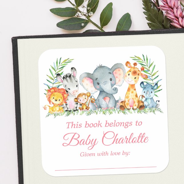 Sticker Carré Safari Animaux Baby shower Rose Bookplate Étiquett (Customize to change text size, color or text style.)