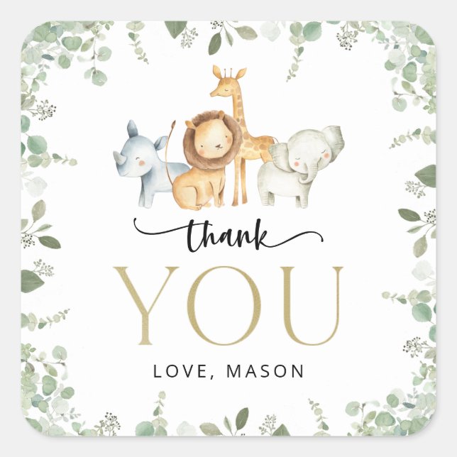 Sticker Carré Safari Animaux, Jungle, Sauvage Un, Premier Annive (Devant)