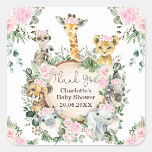 Sticker Carré Safari Floral Rose Animaux sauvages Filles Fête F