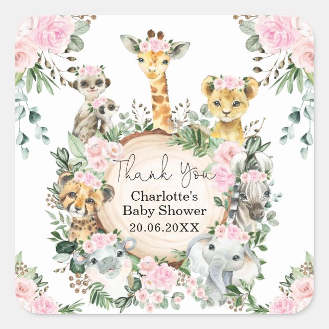 Sticker Carré Safari Floral Rose Animaux sauvages Filles Fête Fa (Devant)