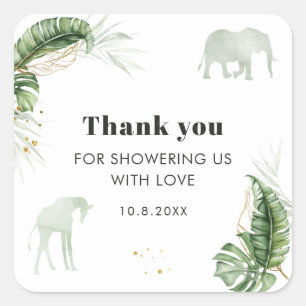 Sticker Carré Safari Girafe Éléphant Baby Shower Botanique
