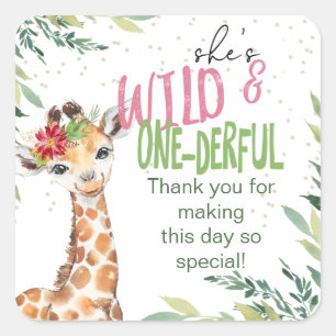 Sticker Carré Safari Giraffe Rose Wild Un 1er anniversaire
