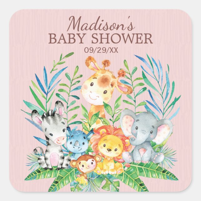 Sticker Carré Safari Jungle Animaux Baby shower Favoriser Sticke (Devant)