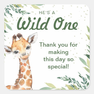 Sticker Carré Safari Jungle Giraffe Wild One fête d'anniversaire