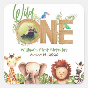 Sticker Carré Safari Wild One Animaux Bois Premier anniversaire