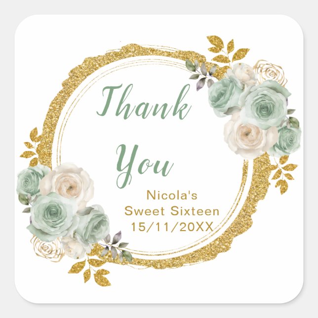 Sticker Carré Sage Green and Gold Elegant Flowers Birthday Party (Devant)
