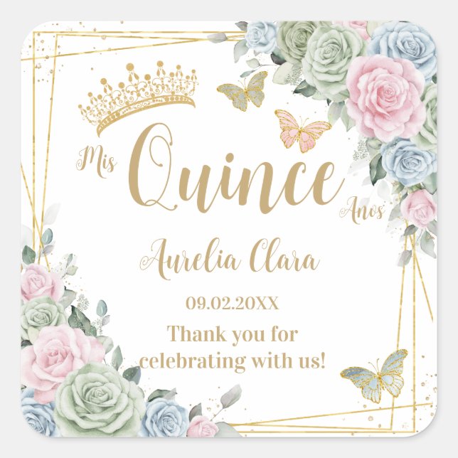 Sticker Carré Sage Green Blush rose Floral Papillon Quinceanera (Devant)