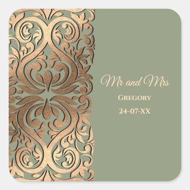 Sticker Carré Sage Green et Gold Mariage Élégant luxe (Devant)