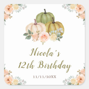Sticker Carré Sage Green et Peach Floral Citrouille Anniversaire