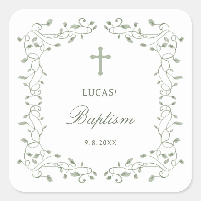 Sticker Carré Sage Green Foliage Frame Baptism (Devant)