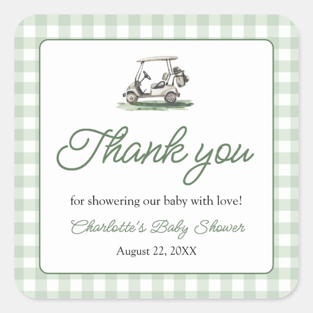 Sticker Carré Sage Green Frame Golf New to the Club Baby Shower (Devant)
