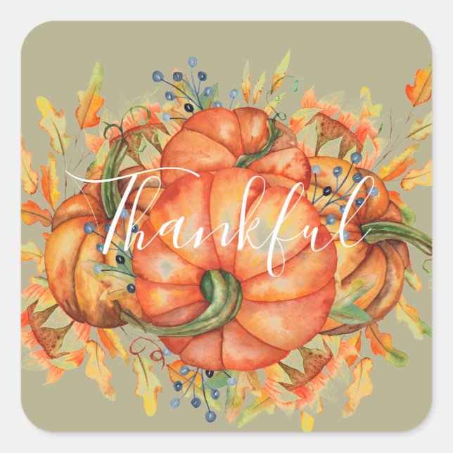 Sticker Carré Sage Green & Orange Citrouille Bounty Thanksgiving (Devant)