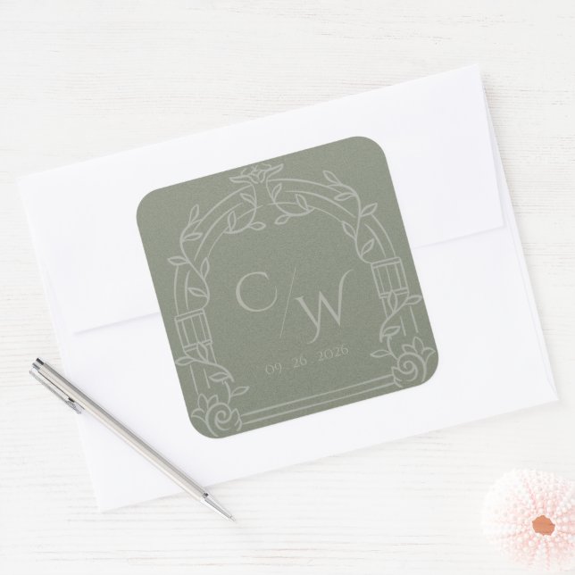 Sticker Carré Sage Green Ornate Arch Botanical Wedding Envelope  (Enveloppe)