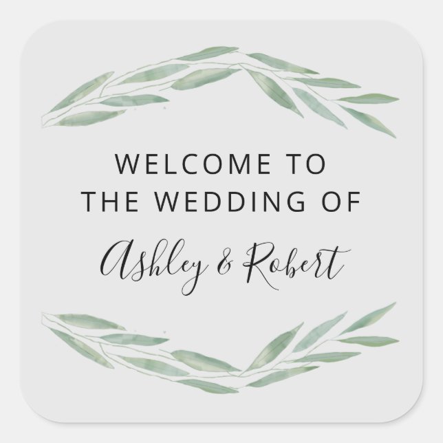 Sticker Carré Sage Greenery Mariage Welcome Bag, (Devant)