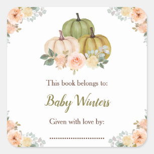 Sticker Carré Sage Vert et Citrouilles Florales Abricot Baby Sho
