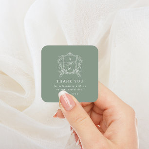 Sticker Carré Sage Vert Vintage Crest Mariage Remerciements