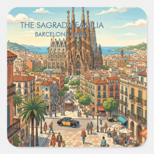 Sticker Carré Sagrada Familia Barcelone Espagne Voyage Art Vinta