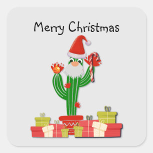 Sticker Carré Saguaro Cactus habillés comme Père Noël, Joyeux