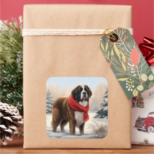 Sticker Carré Saint Bernard Chien à Noël de neige