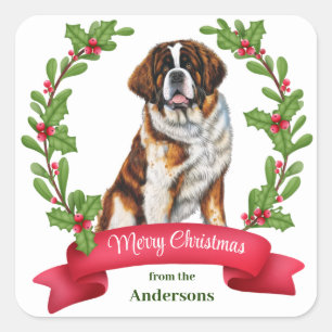 Sticker Carré Saint Bernard Dog Holly Bannière Noël